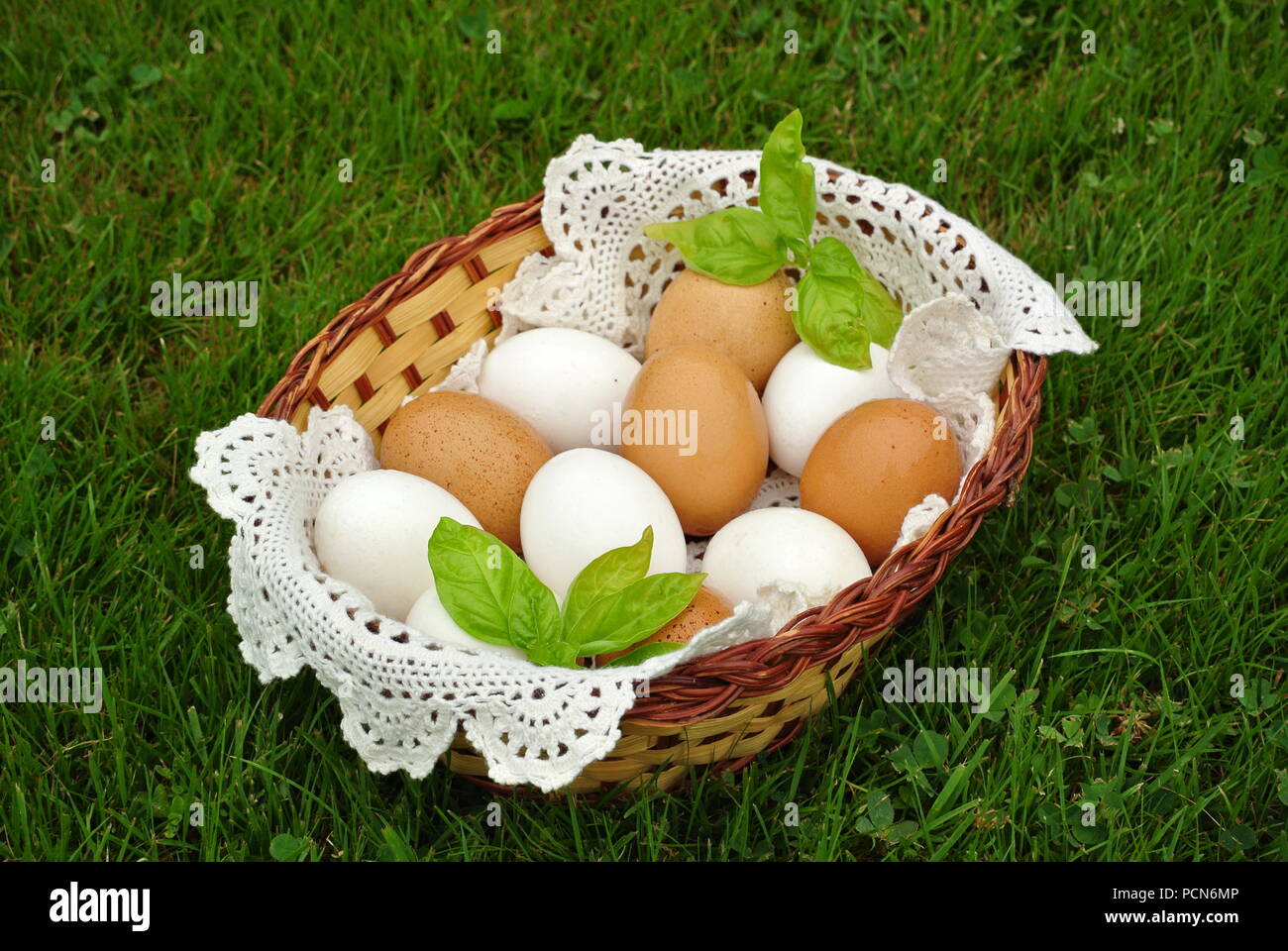 Frische organische braune und weiße Eier in einem Korb mit einem weißen gehäkelte Deckchen auf dem Gras Stockfoto