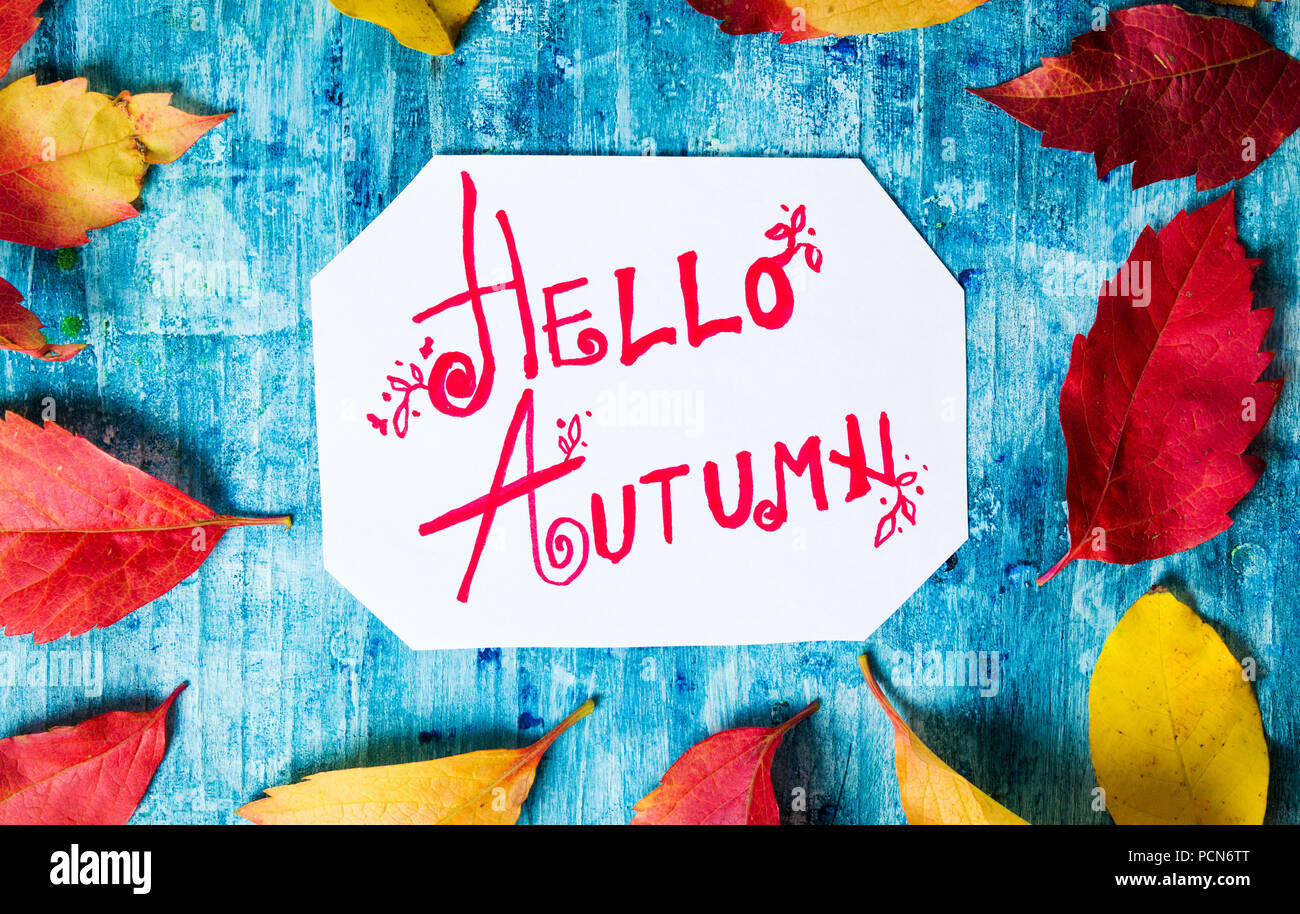 Hallo Herbst Kalligraphie Hinweis mit Laub auf Blue Board Stockfoto