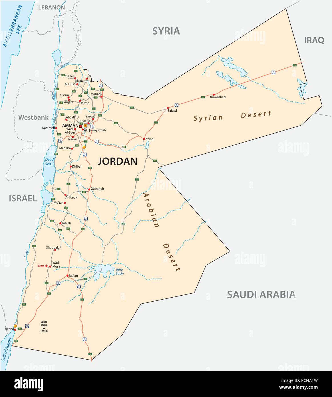 Königreich Jordanien Straße Vektorkarte. Stock Vektor
