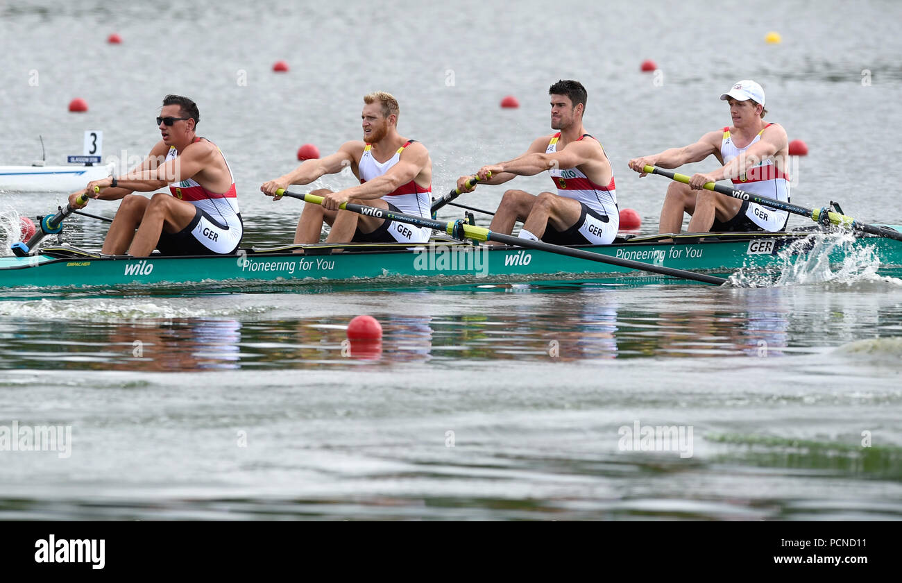 Deutschlands Felix Brummel, Nico Merget, Peter Kluge und Felix Drahotta konkurrieren bei den Herren vier Hoffnungslauf 2 bei Tag zwei der 2018 europäischen Meisterschaften an der Strathclyde Country Park, North Lanarkshire. PRESS ASSOCIATION Foto. Bild Datum: Freitag, 3. August 2018. Siehe PA Geschichte rudern Europäischen. Foto: Ian Rutherford/PA-Kabel. Beschränkungen: Nur die redaktionelle Nutzung, keine kommerzielle Nutzung ohne vorherige schriftliche Genehmigung Stockfoto