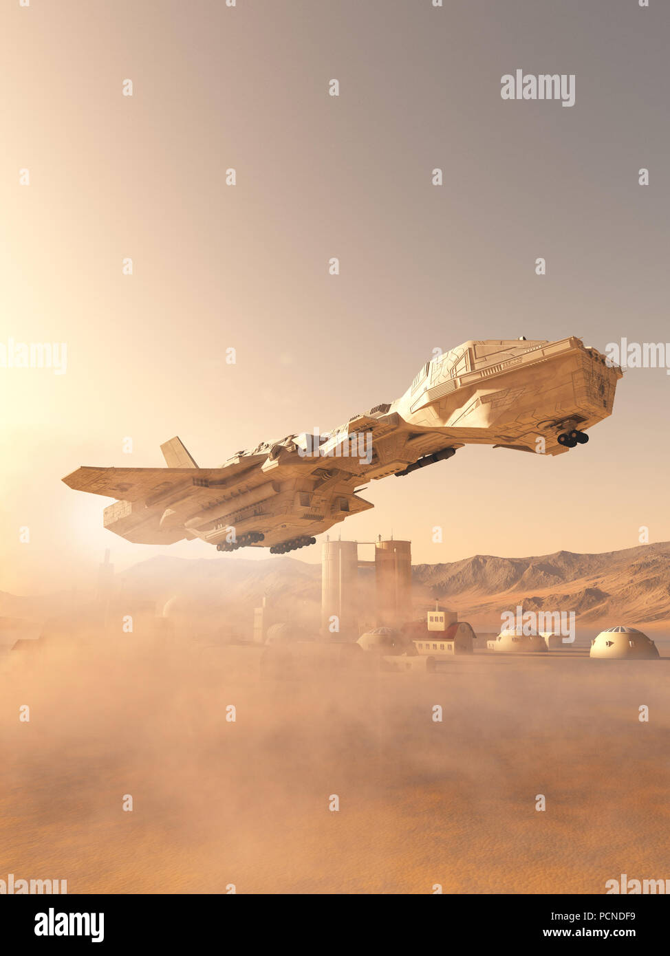 Staubige Landung auf Mars kolonialen Vorposten Stadt Stockfoto