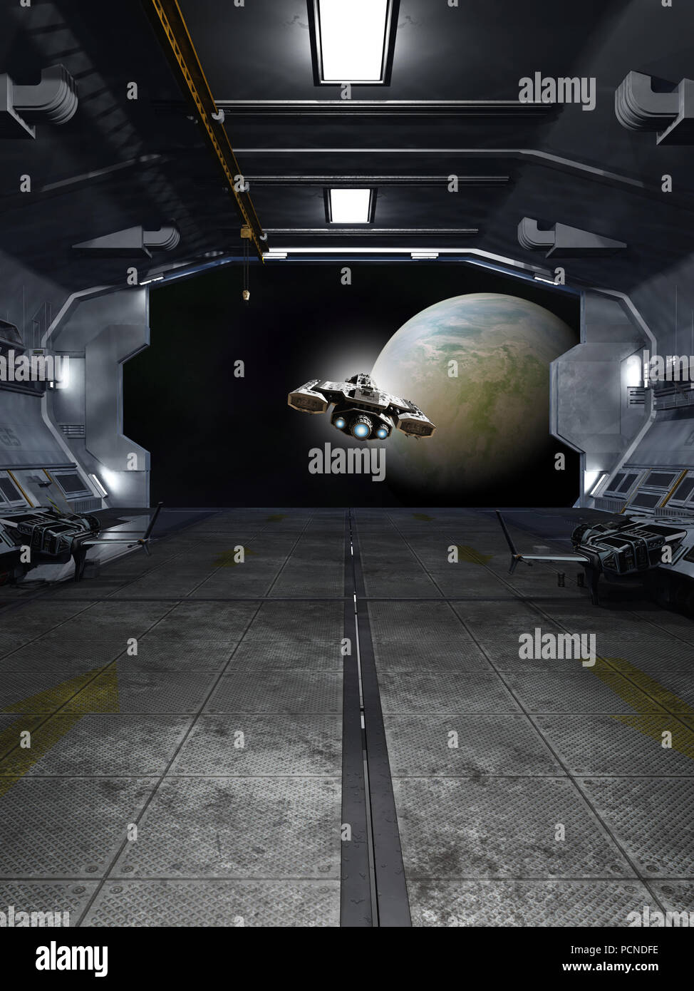 Raumschiff starten aus dem interstellaren Raum Station Stockfoto