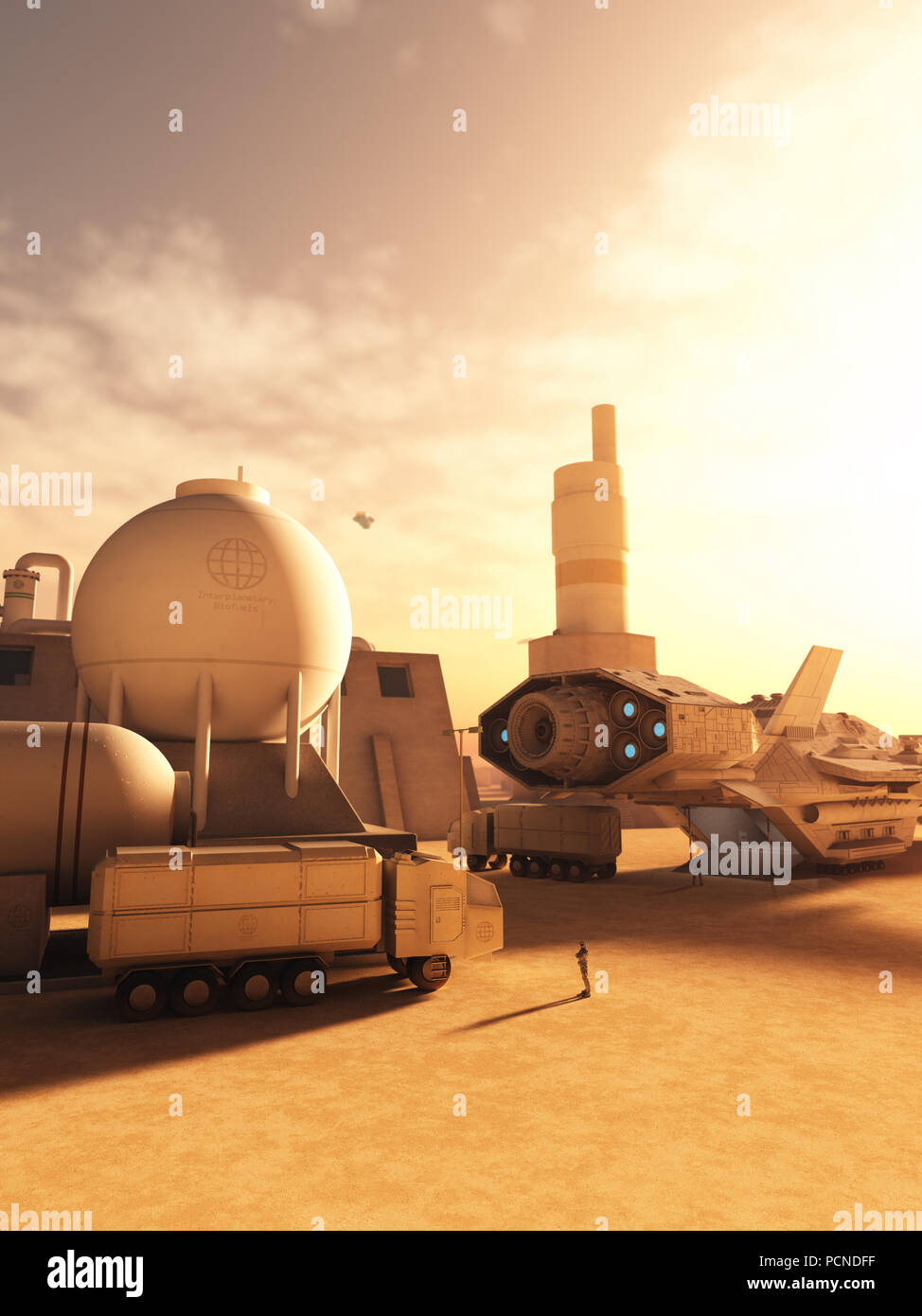 Tankstelle auf einem Fremden Wüstenplaneten Stockfoto