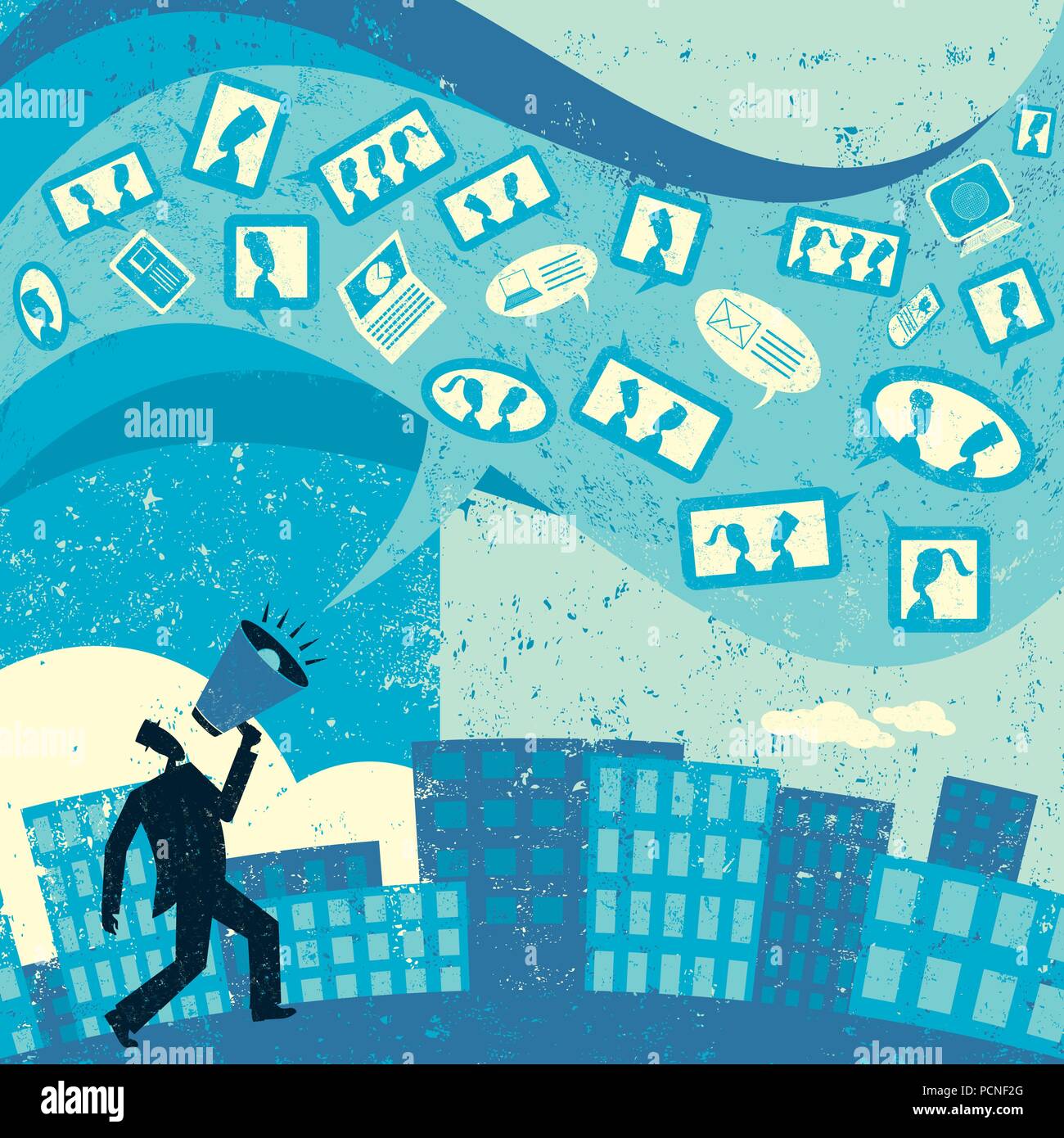 Kommunikation mit Social Media. Ein Geschäftsmann schreien in ein Megaphon und kommuniziert seine Nachricht mit Social Media. Stock Vektor