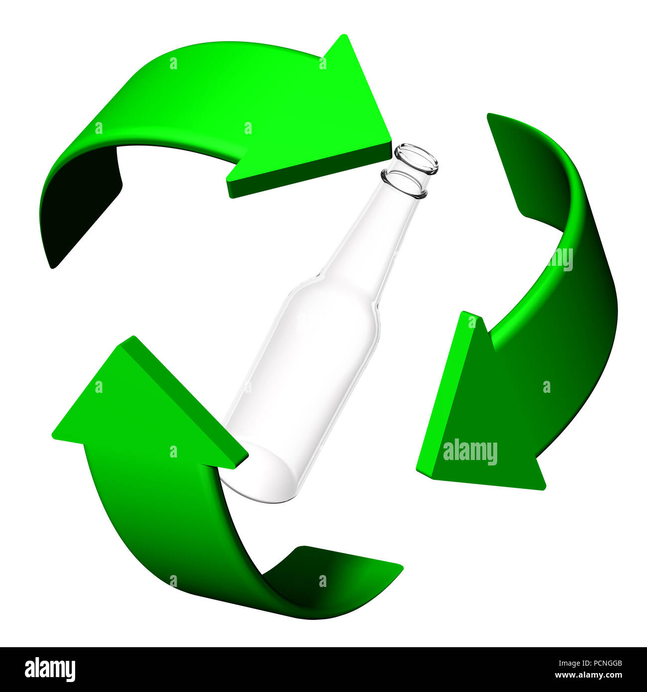 Flaschen und Glas. Recycling Symbol.. Ökologisch saubere Welt. Stockfoto