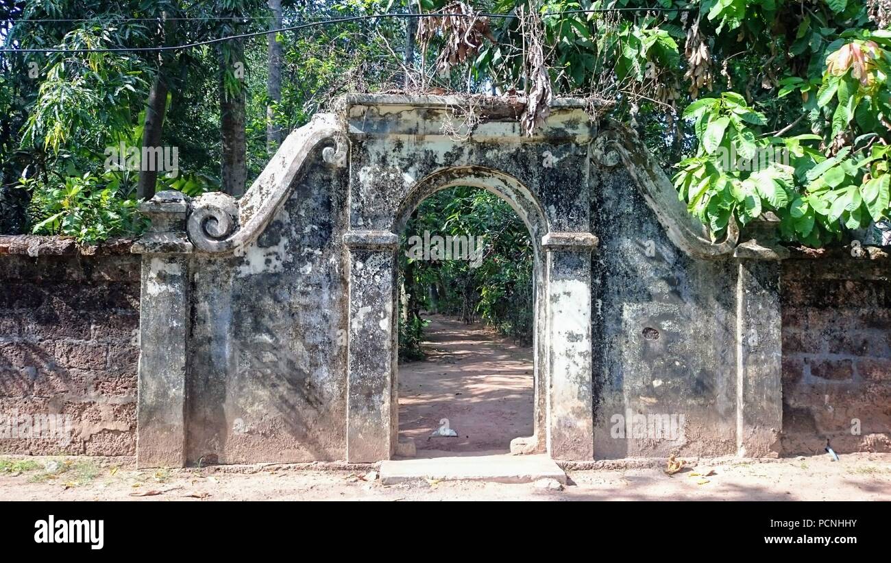 Alte Wand und Tür im Dschungel. Kerala, Indien Stockfoto