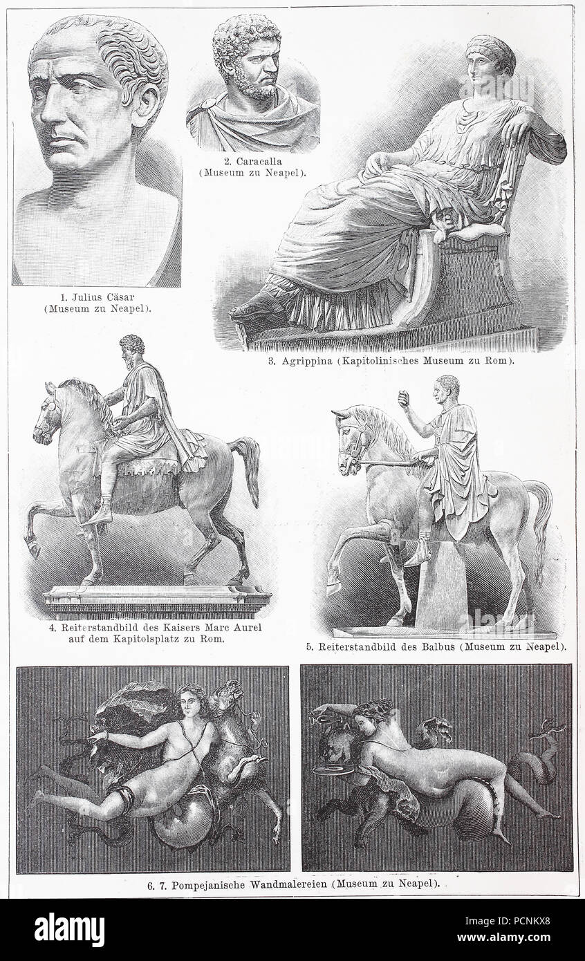Verschiedene Kunstwerke aus der römischen Kunst, digitale Verbesserte Reproduktion einer historischen Bild aus dem Jahr 1885 Stockfoto