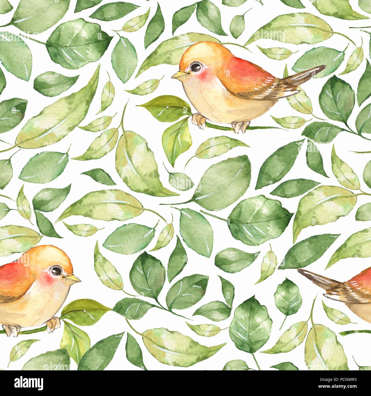 Frühling Blumen und Vögel. Hand gezeichnet Aquarell Blumen nahtlose Muster Stockfoto