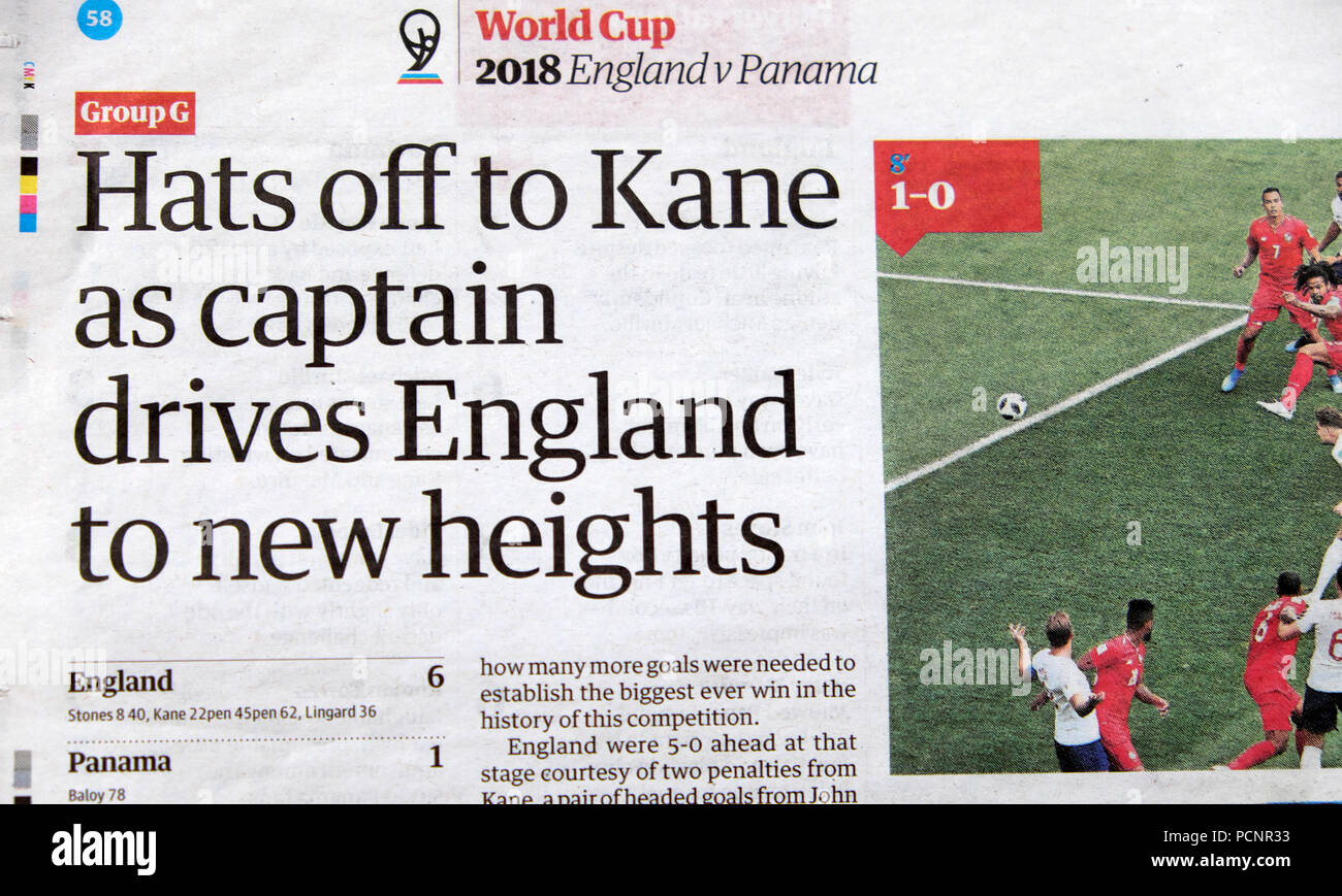 Wordl Cup 2018 Guardian Artikel 'Hut ab vor Kane als Kapitän Antriebe England zu neuen Höhen' England v Panama in Russland Stockfoto