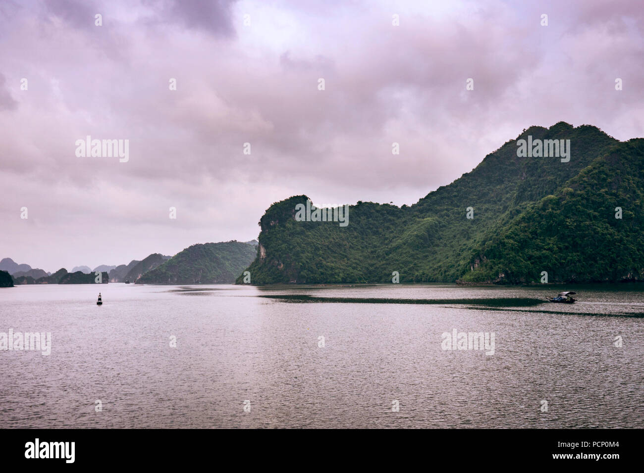 Felsige Inseln der Halong Bucht im Sommer abends Sonne Stockfoto