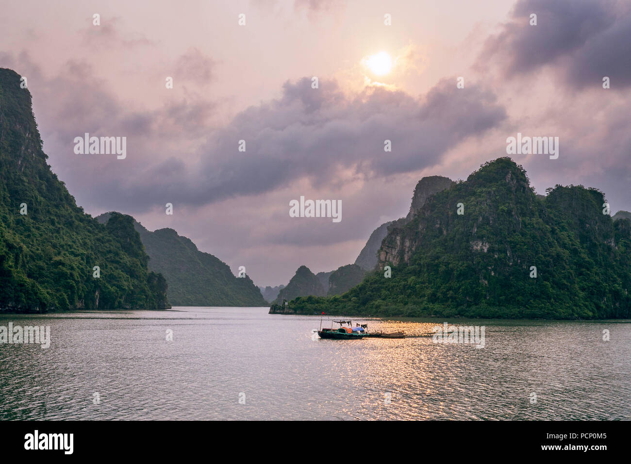 Felsige Inseln der Halong Bucht im Sommer abends Sonne Stockfoto