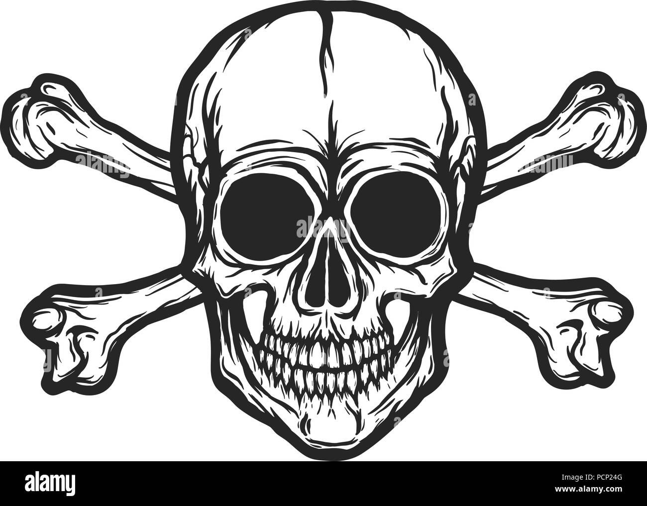 Human Skull mit Knochen Vektor silhouette isoliert auf Weiss. Hand schwarz und weiß Schädel Abbildung gezeichnet. Tätowierung oder Print Design. Transparente backgro Stock Vektor