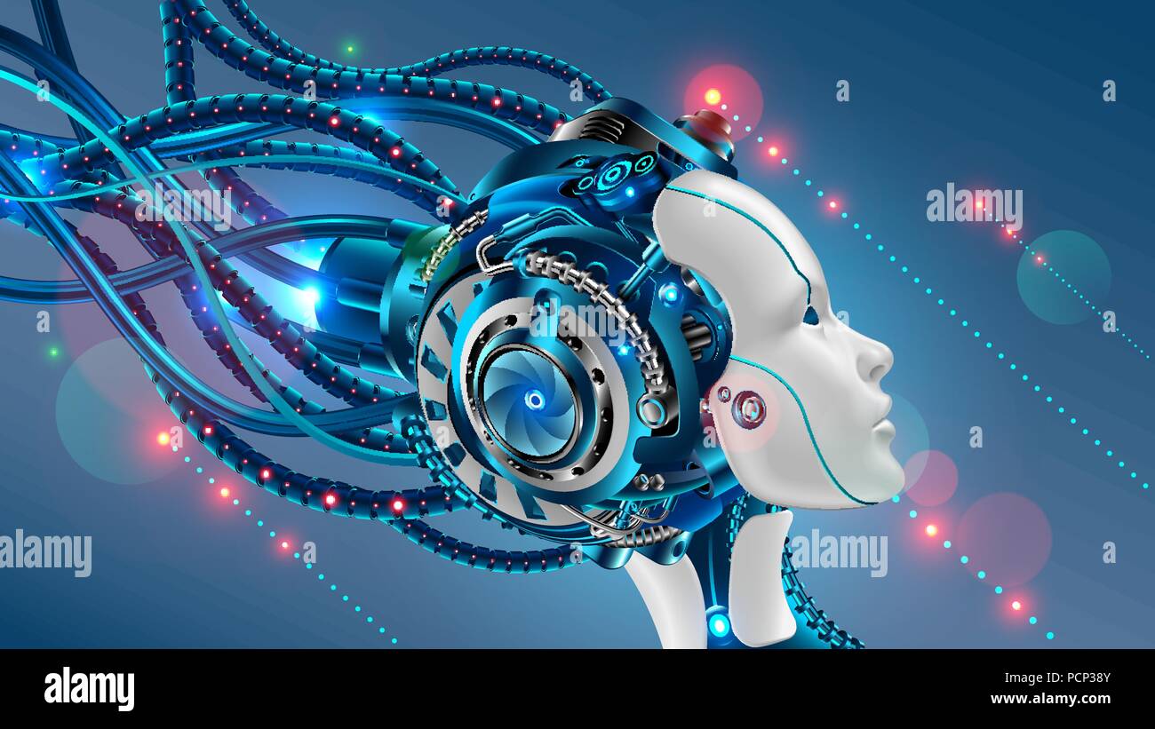 Kybernetische Leiter der Roboter Frau close-up mit künstlicher Intelligenz von Kabel angeschlossen. Gesicht Profil der weiblichen Cyborg betrachtet. sci-fi Futuristi Stock Vektor