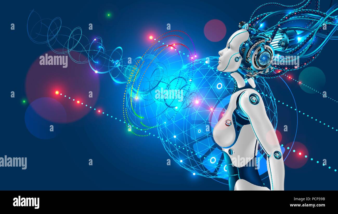 Weibliche humanoide Roboter oder Cyborg mit künstlicher Intelligenz seitwärts. Leiter der Maschine wird durch die Kabel zum Super Computer angeschlossen. Schöne Roboter Stock Vektor
