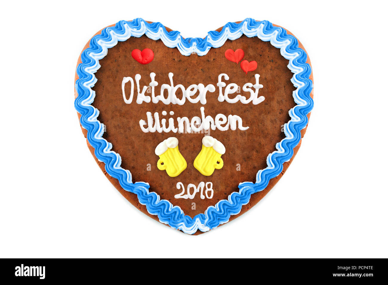 Oktoberfest München 2018 Lebkuchenherz am weißen Hintergrund isoliert. Stockfoto