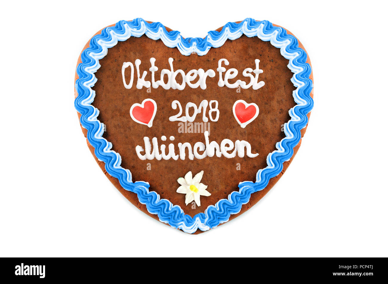 Oktoberfest München 2018 Lebkuchenherz am weißen Hintergrund isoliert. Stockfoto