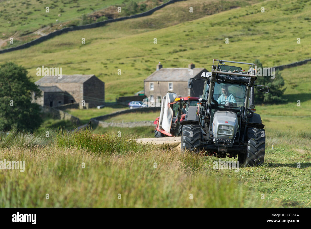Landwirt mähen Hochland Wiese, Ravenseat, North Yorkshire. Stockfoto