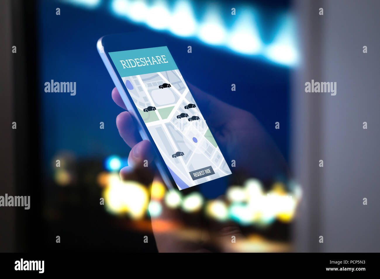 Mitfahrzentrale und Mitfahrgelegenheit mobile Anwendung. Rideshare taxi App auf dem Smartphone angezeigt. Onlinezugang zu modernen Menschen und commuter Transport Service. Stockfoto