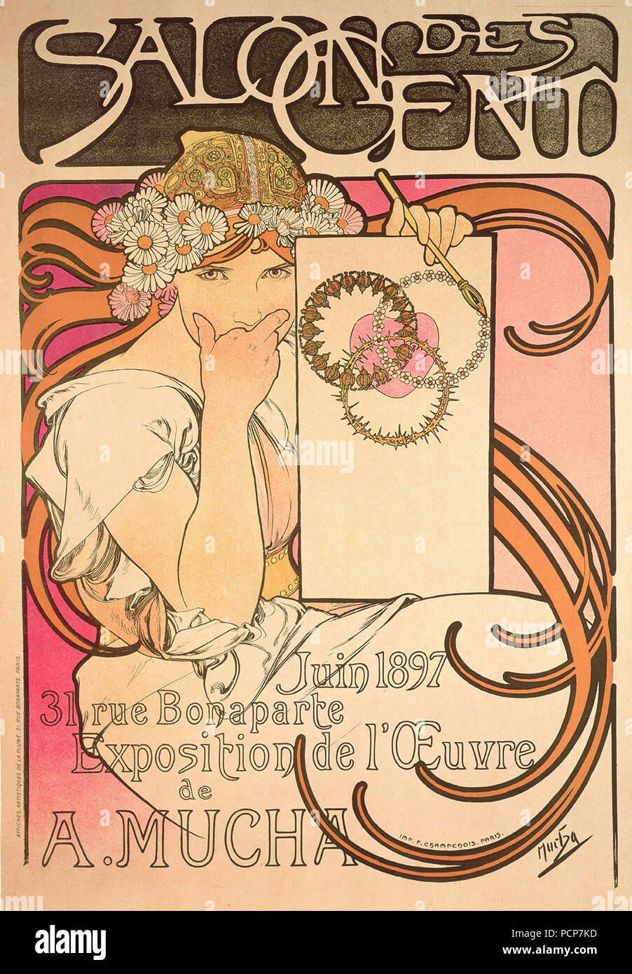 Plakat für Salon des Cent. Alphonse Mucha Ausstellung, 1897. Stockfoto