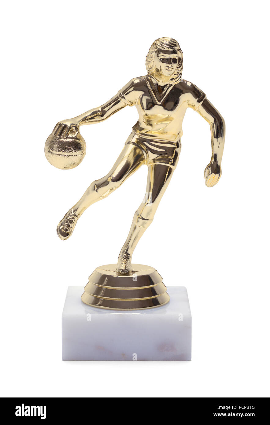 Gold Womans Basketball Trophy isoliert auf einem weißen Hintergrund. Stockfoto