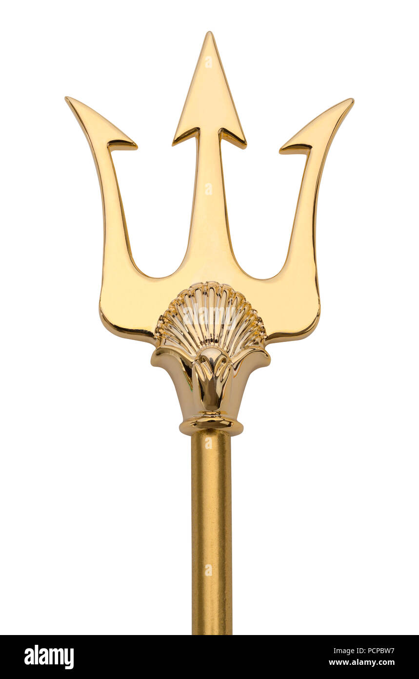 Gold wies Trident Nahaufnahme isoliert auf einem weißen Hintergrund. Stockfoto