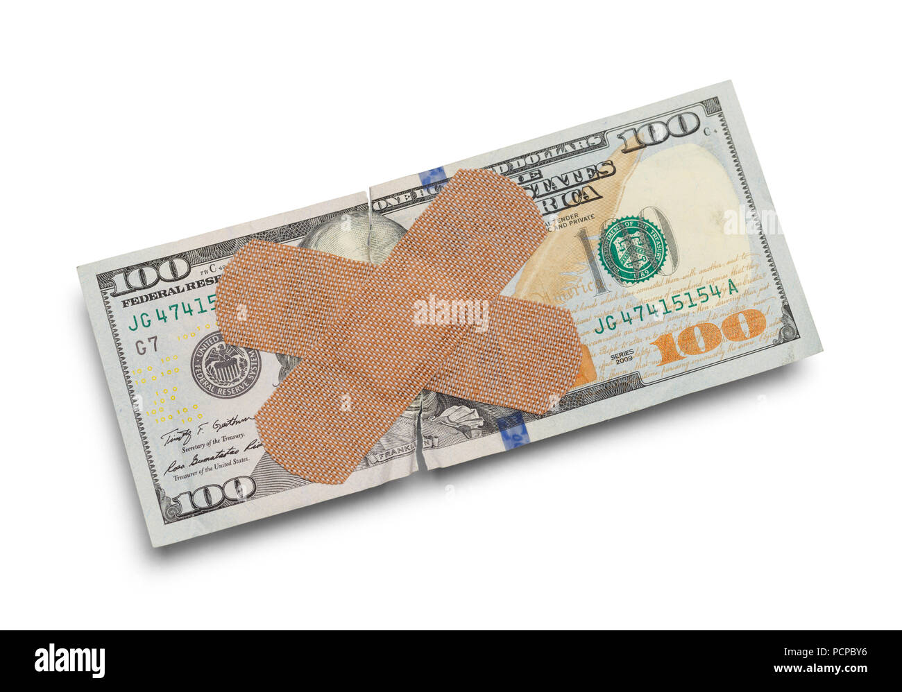 Hundert Dollar Bill mit Bandage isoliert auf Weiss. Stockfoto