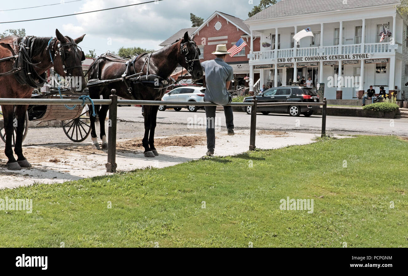 Ein Amish Mann sitzt neben seinem Pferd und Wagen gegenüber dem Ende der Commons General Store in Mesopotamien, Ohio. Stockfoto
