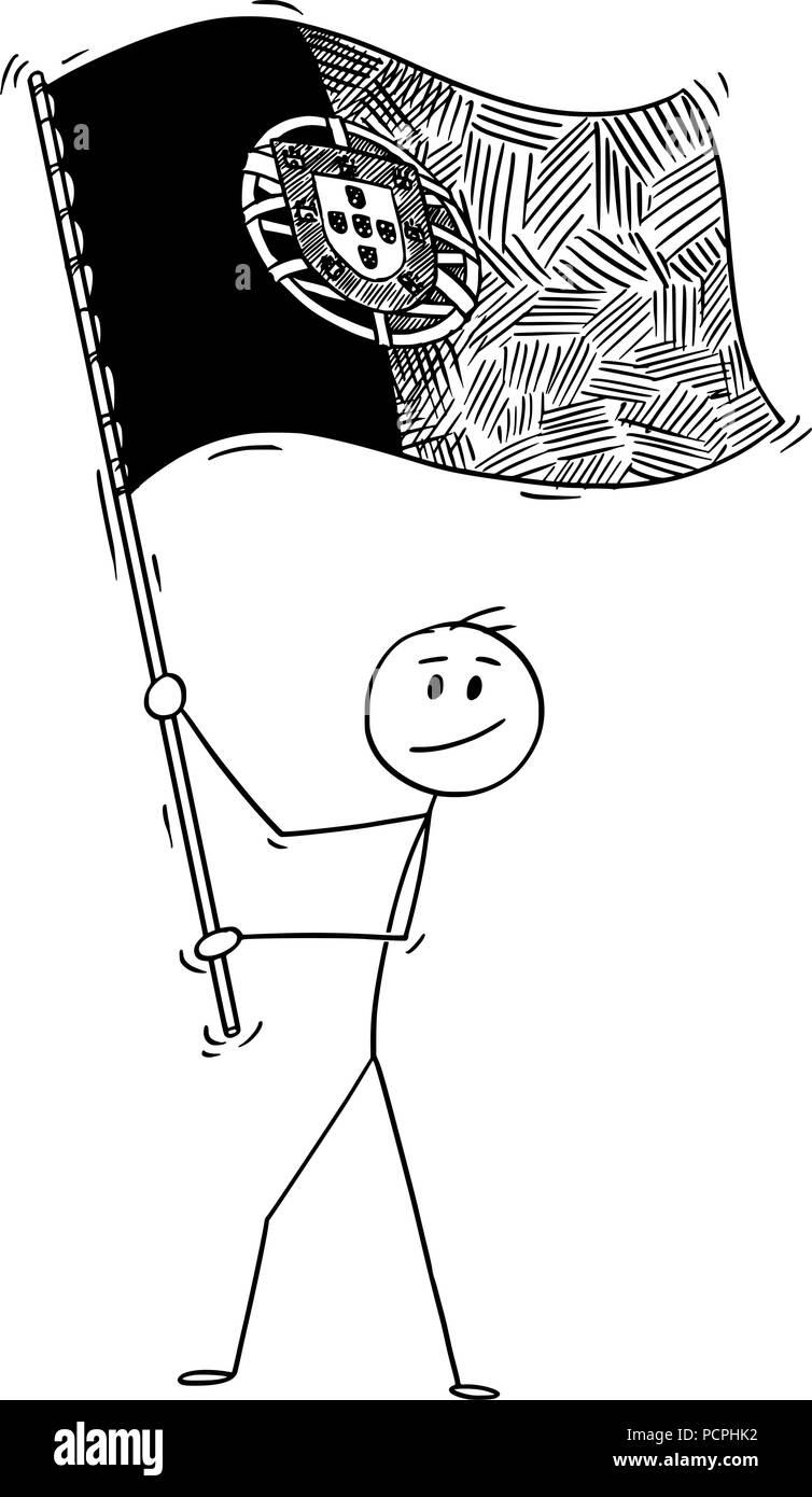 Cartoon von Mann winkt die Flagge der Portugiesischen Republik oder Portugal Stock Vektor