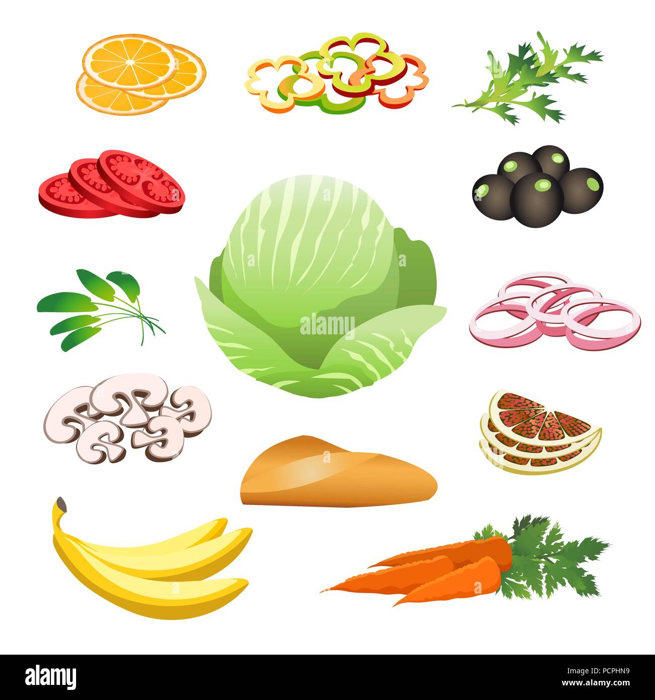 Gesundes Essen. Bananen, Tomaten, Zwiebeln, Orangen, Oliven, Karotten, Kohl. Vector Illustration. Stock Vektor