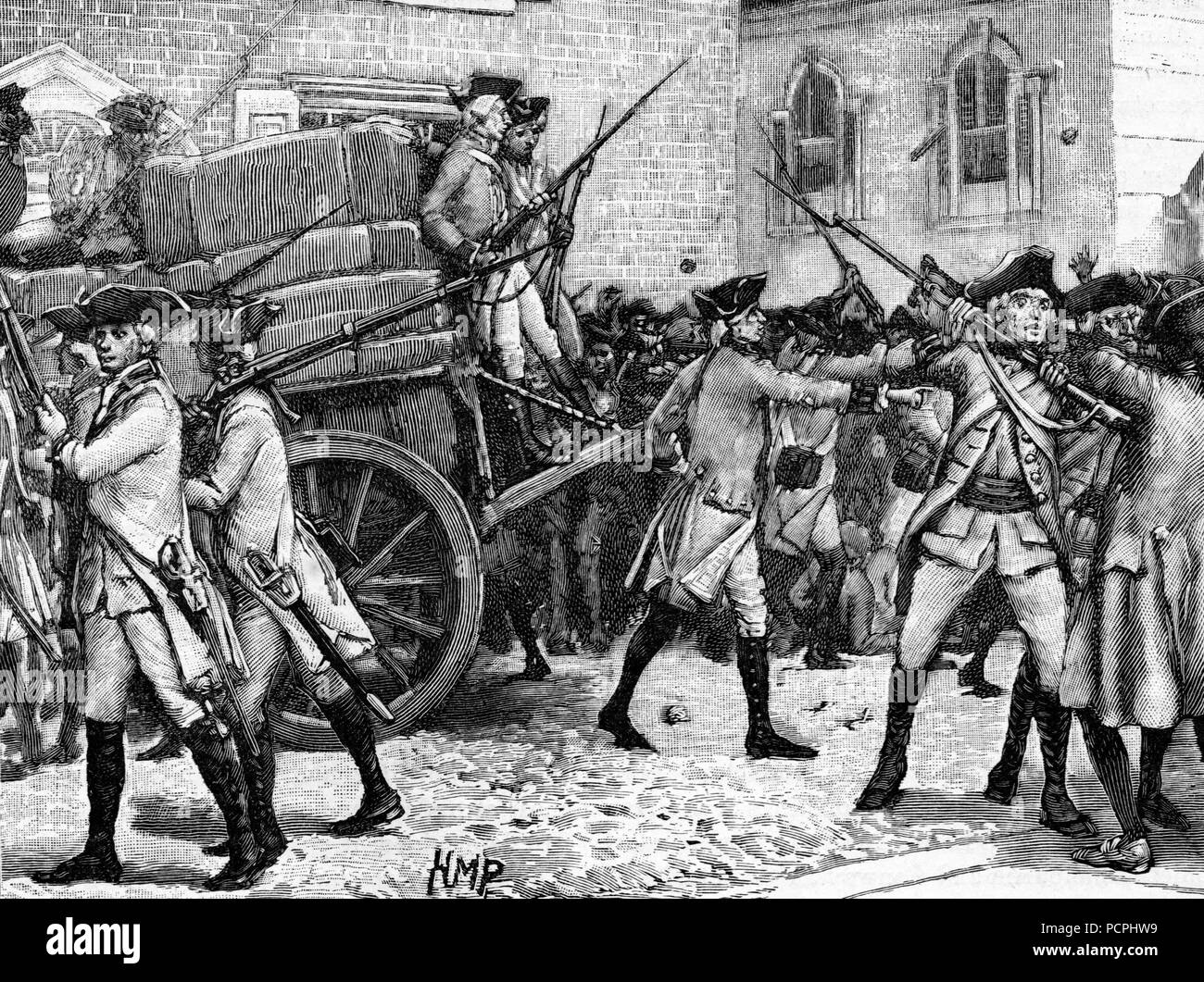 Truppen der Begleitung des gestanzten Papieren 1765; Amerikanischen Unabhängigkeitskrieg; Illustration von cassell Geschichte Englands, King's Edition Teil 33 Stockfoto