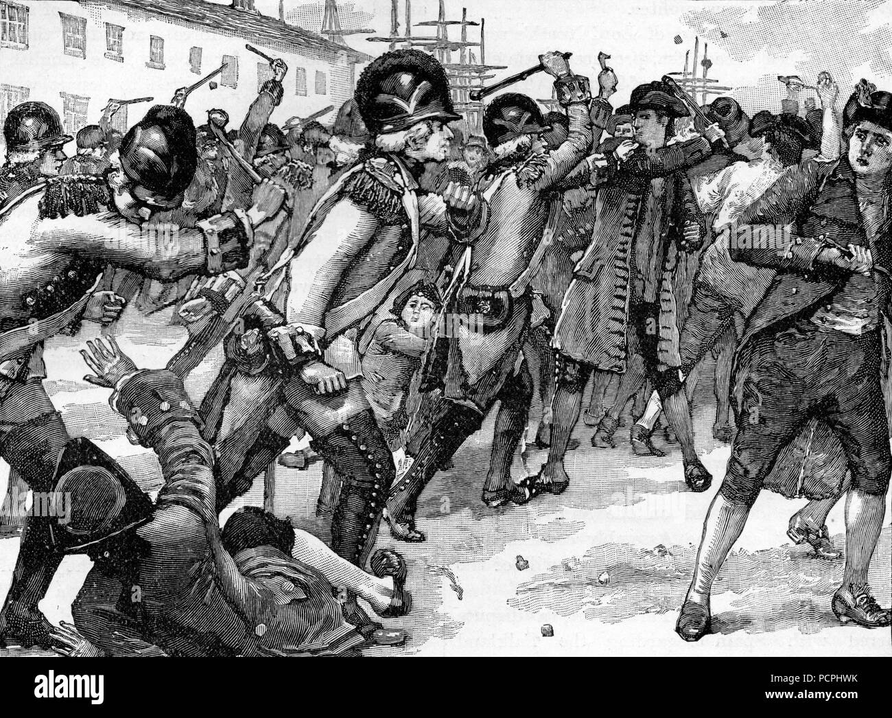 Schlägerei am Boston zwischen Soldaten und Seil Entscheidungsträger; Illustration von cassell Geschichte Englands, King's Edition Teil 33 Stockfoto