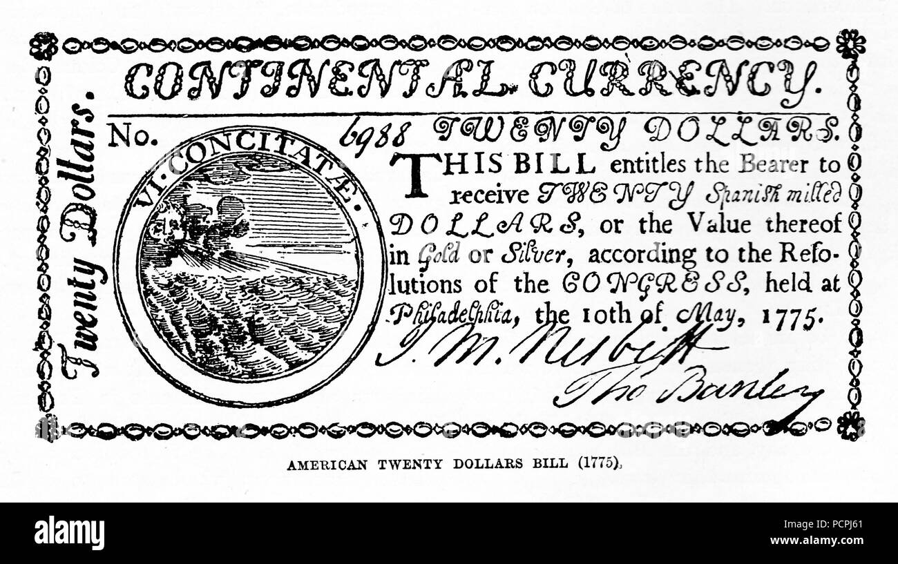 Amerikanische Zwanzig Dollar Bill von 1775; Abbildung von cassell Geschichte Englands, King's Edition Teil 33 Stockfoto