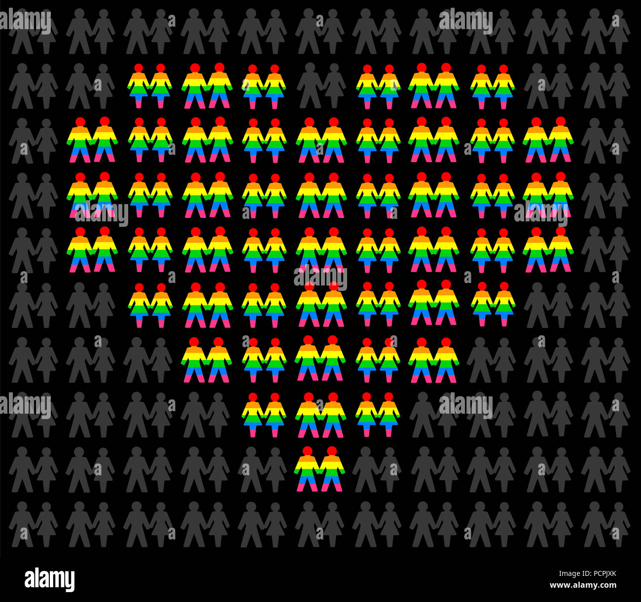 Gay Pride Menschen bilden einen bunten leuchtenden Herzen. Regenbogen Flagge Schwule und Lesben durch heterosexuelle Liebe Paare umgeben gefärbt. Stockfoto