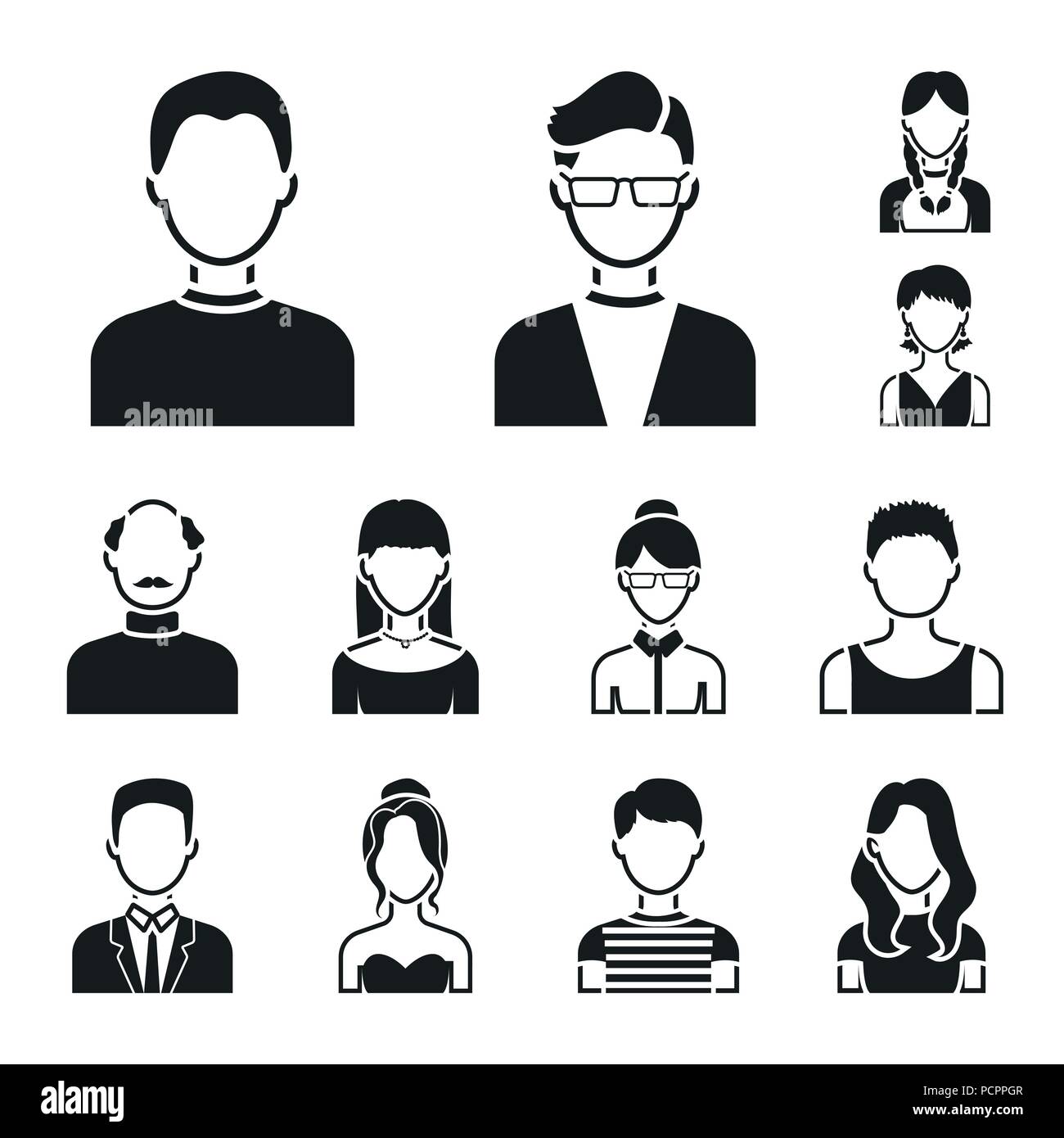 Avatar und schwarze Symbole in der Sammlung für Design. Eine Person aussehen Vektor Symbol lieferbar Abbildung. Stock Vektor