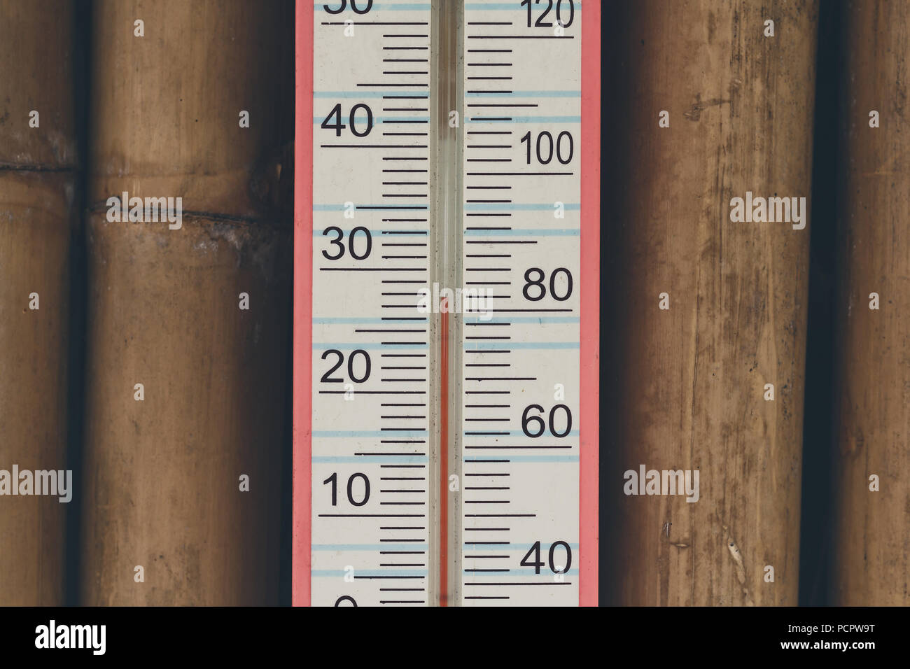 Nahaufnahme des Haushalts Alkohol Thermometer die Temperatur in Grad Celsius und Grad Fahrenheit Stockfoto