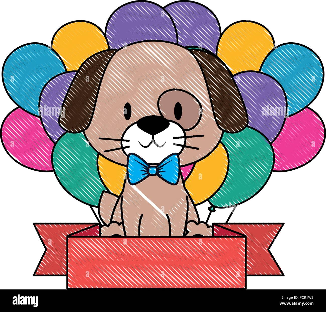 Nett und adorable Hund mit Ballons helium Vector Illustration Design Stock Vektor