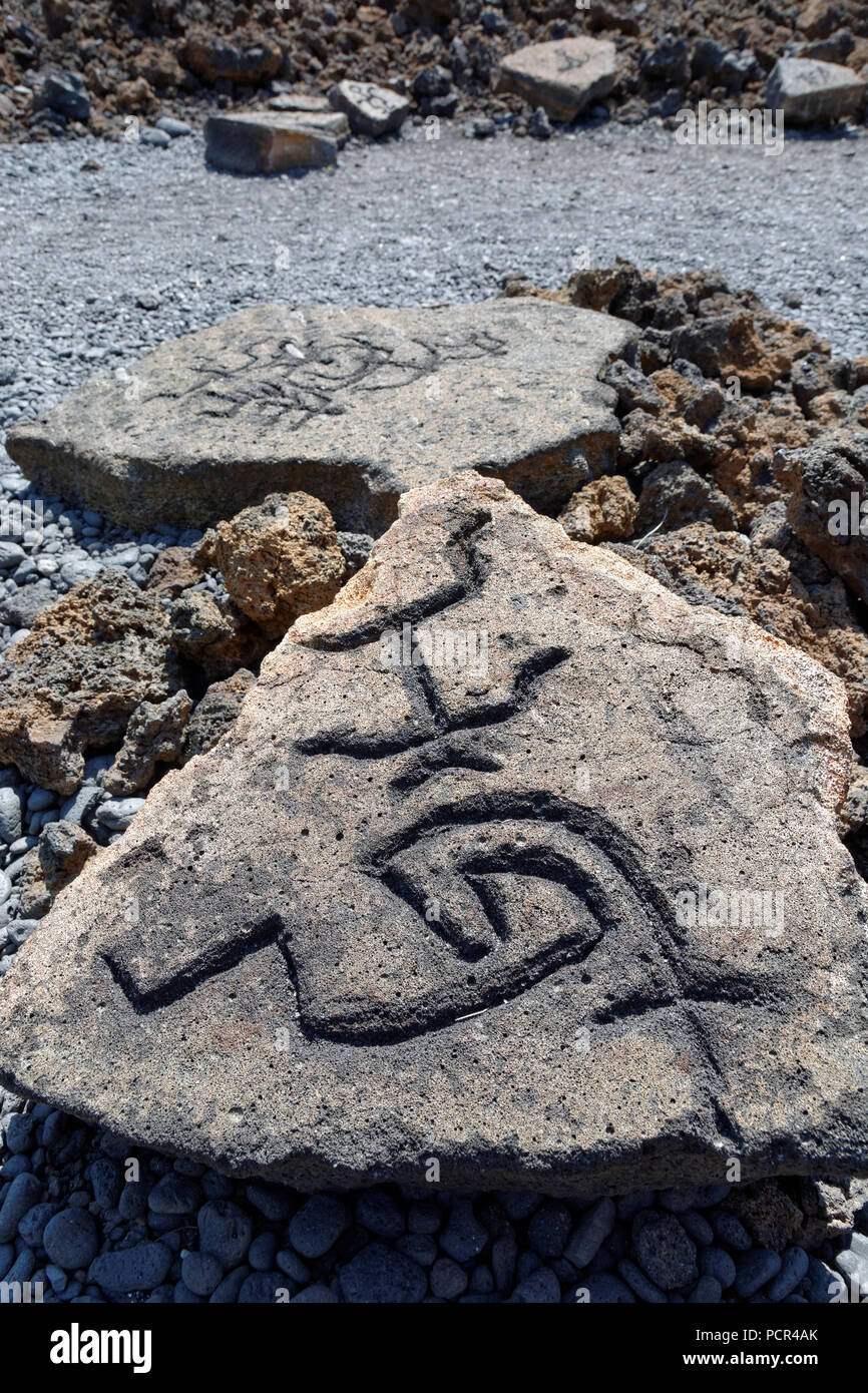 Petroglyphen, Waikoloa Petroglyph Feld, Big Island, Hawaii, USA. Stockfoto