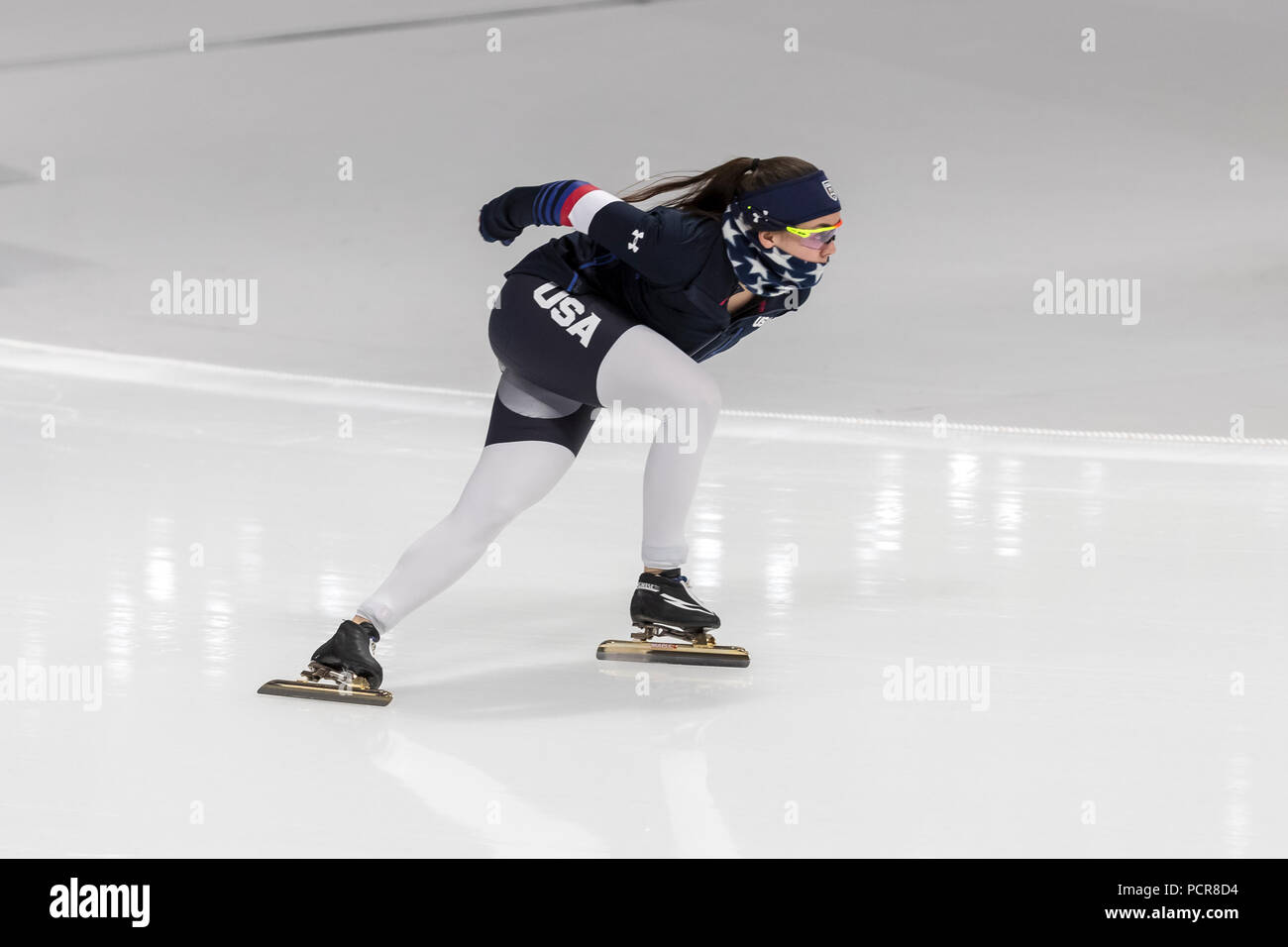 USA Konkurrent Aufwärmen für den Eisschnelllauf: Frauen 1000 m bei den Olympischen Winterspielen PyeongChang 2018 Stockfoto