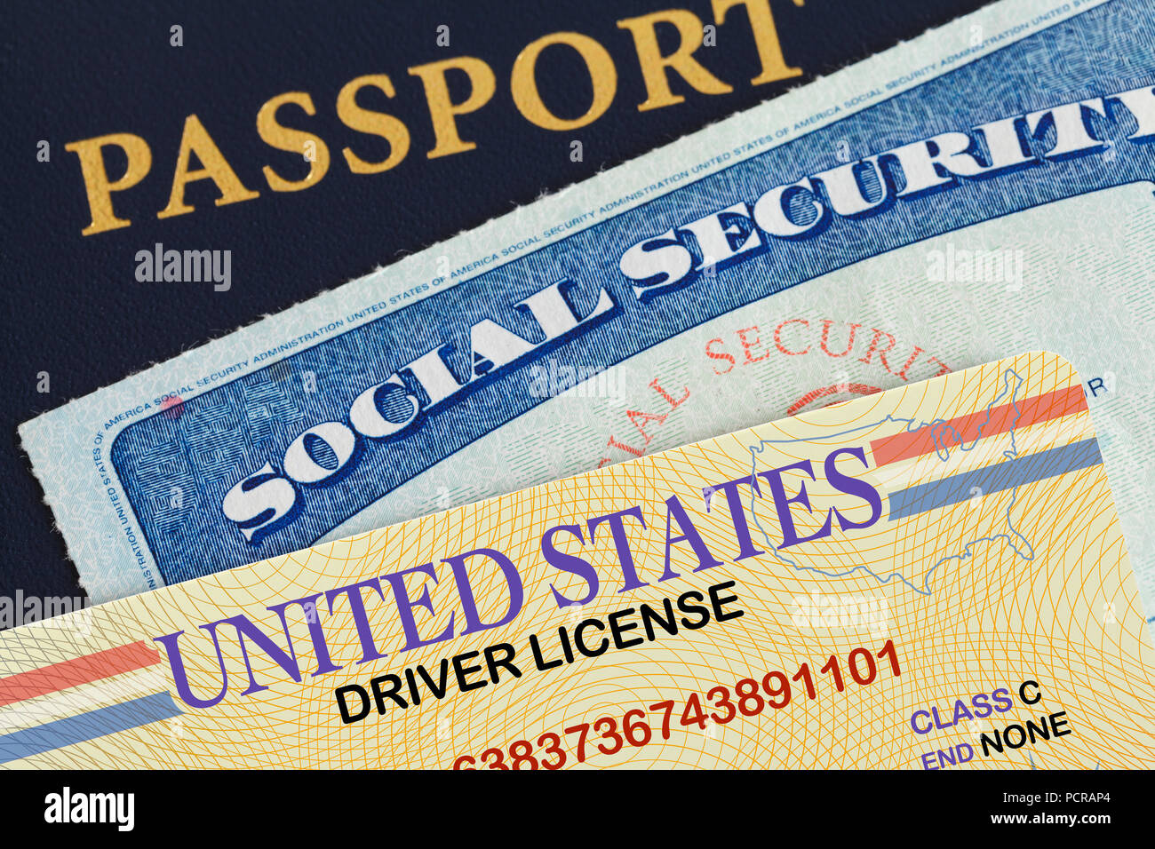 USA Reisepass, Führerschein und Social Security Card. Stockfoto