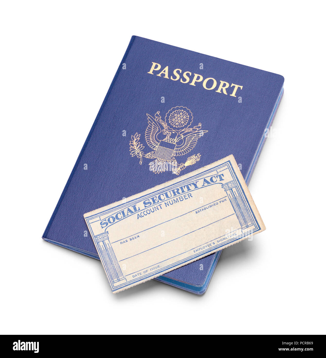 Usa Reisepass mit Social Security Card isoliert auf weißem Hintergrund. Stockfoto