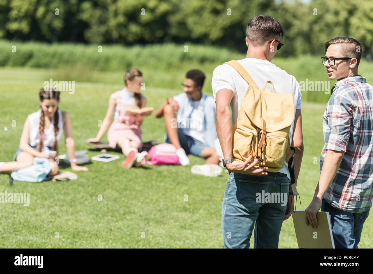 Rückansicht des Jungen im Teenageralter walking im Park, während Mitschüler hinter Studieren auf der Wiese Stockfoto