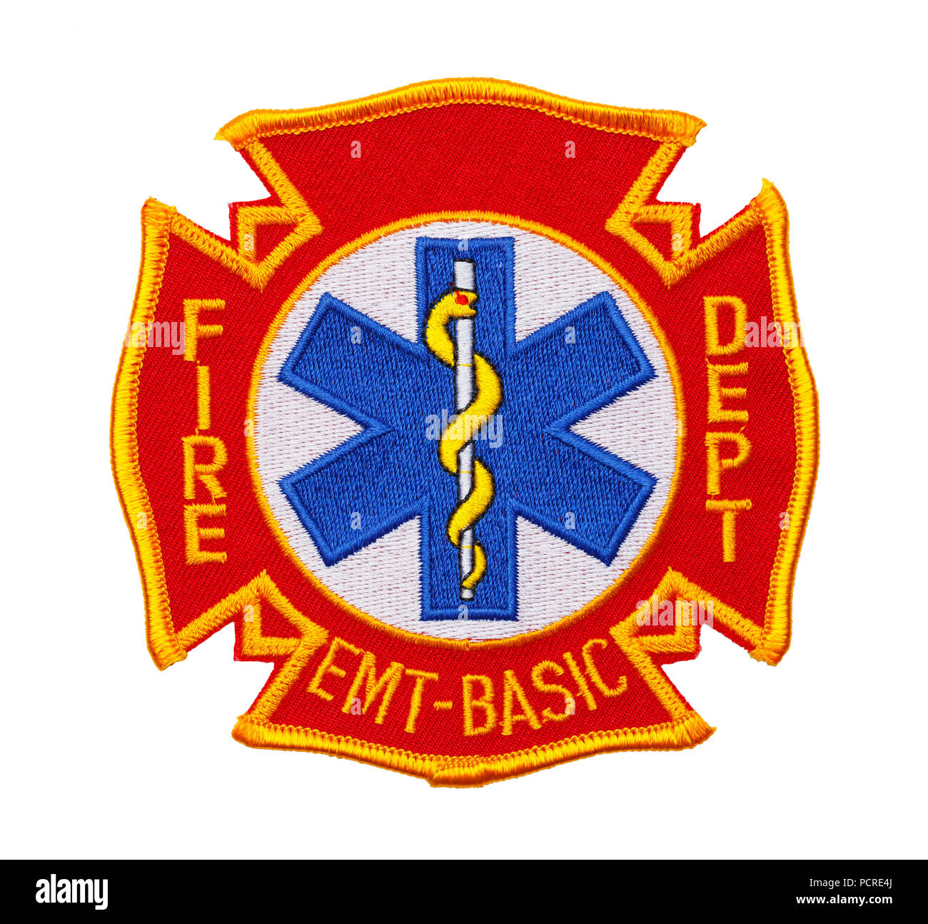 Feuerwehr Kreuz mit EMT Symbol Patch isoliert auf Weiss. Stockfoto