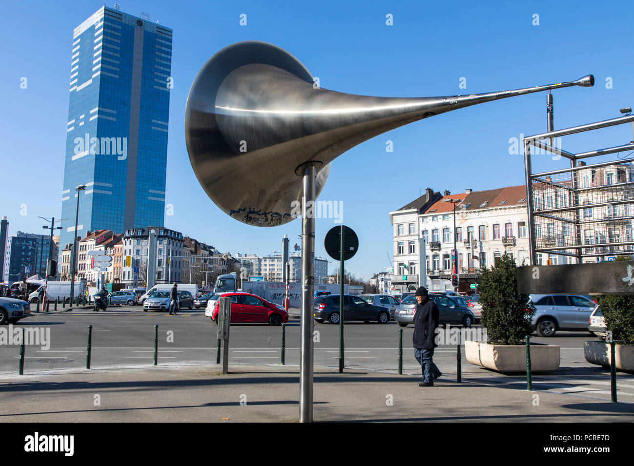 Artwork, Installation, grammophon Trichter, in der Avenue de Stalingrad, in der Innenstadt von Brüssel, Stockfoto