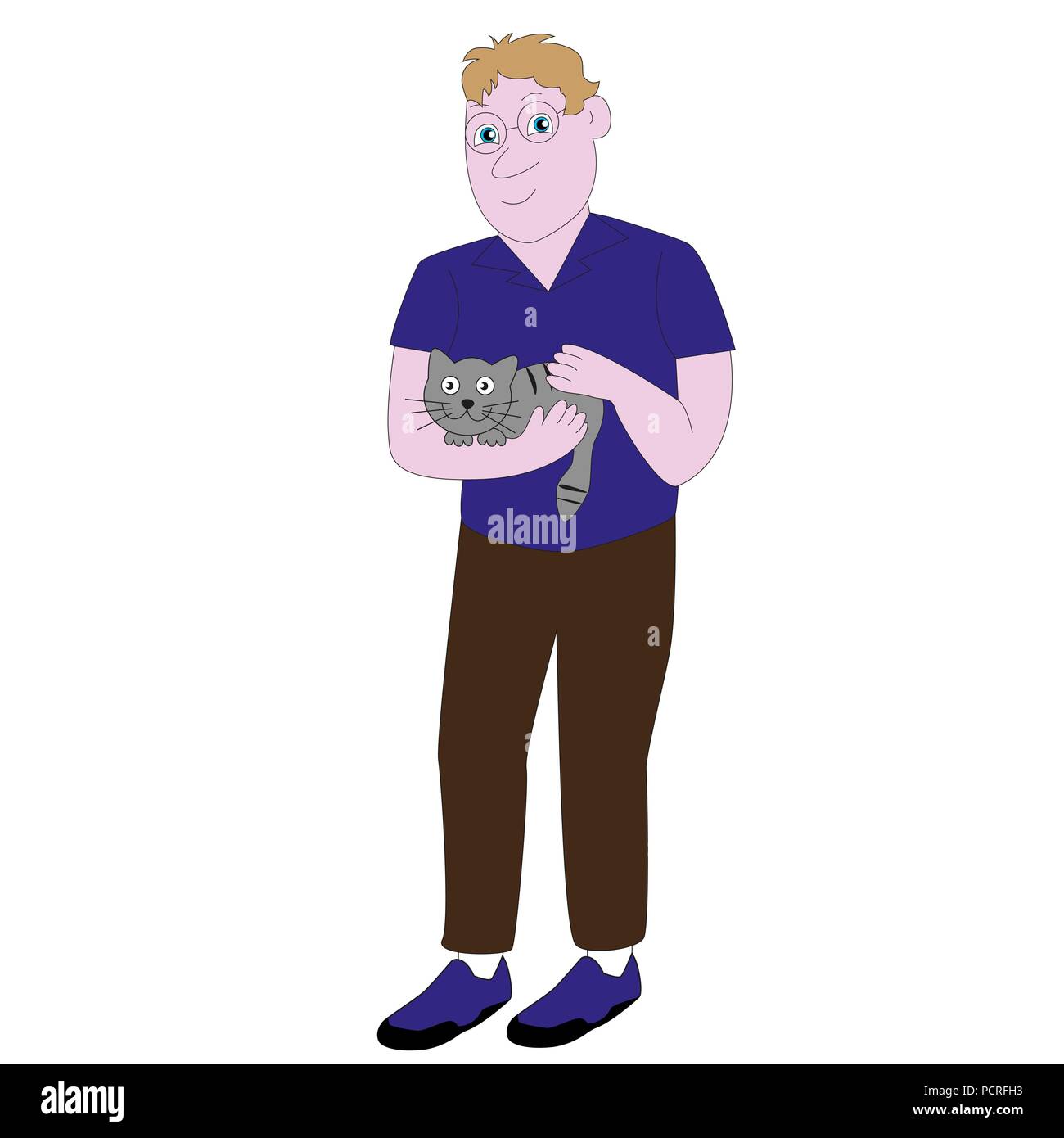 Lustiger Mann in Gläsern hält in die Hände der Katze auf einem weißen Hintergrund. Stock Vektor
