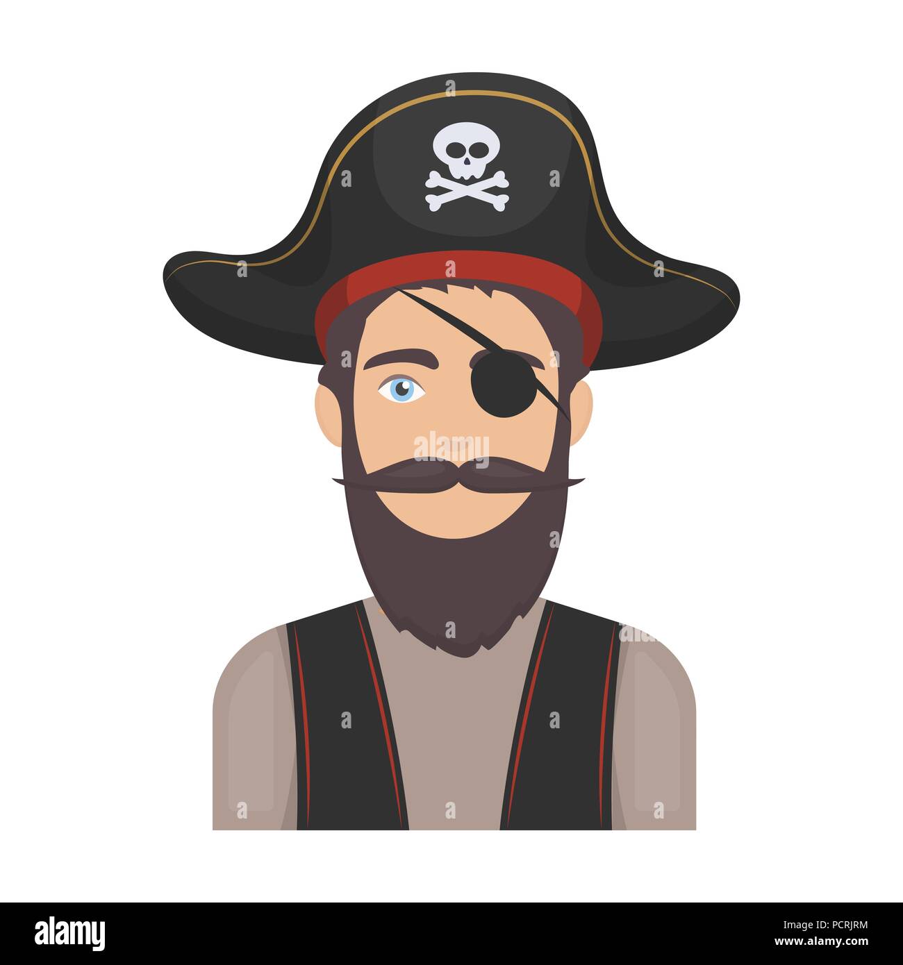 Pirat mit Augenklappe Symbol im Comicstil auf weißem Hintergrund. Piraten symbol Vektor