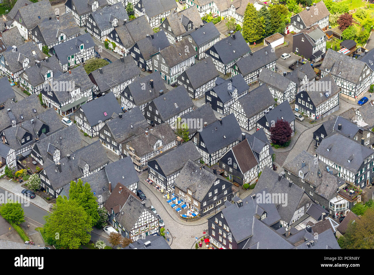 Am Alten Flecken, Altstadt von Freudenberg, Fachwerkhäuser, Luftaufnahme von Freudenberg Stockfoto