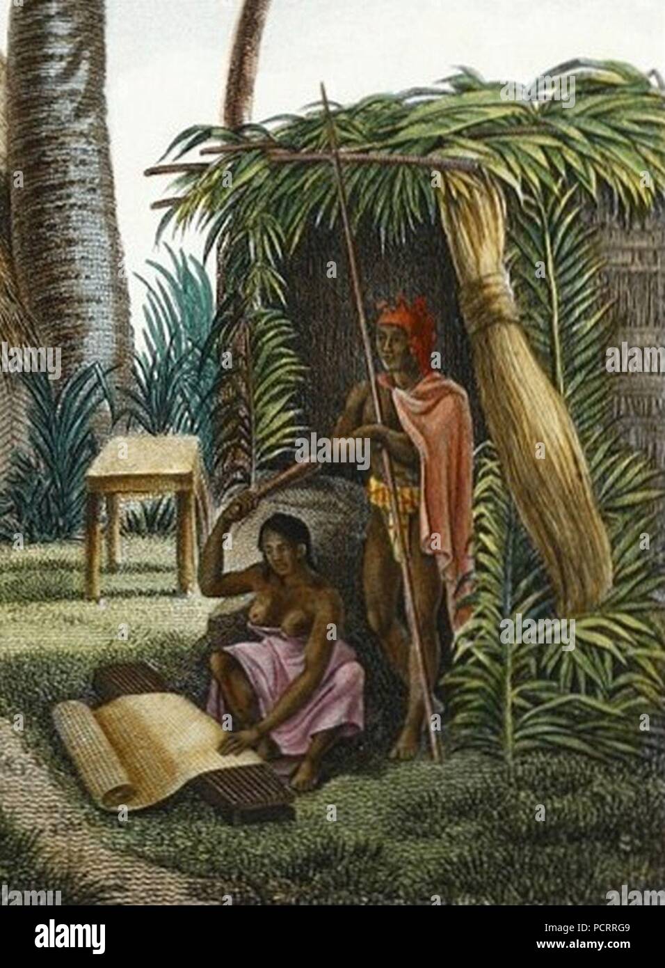 Alphonse Pellion Îles Sandwich; Maisons de Kraïmokou Premier Ministre du Roi; Herstellung des Étoffes (C. 1819 Detail). Stockfoto