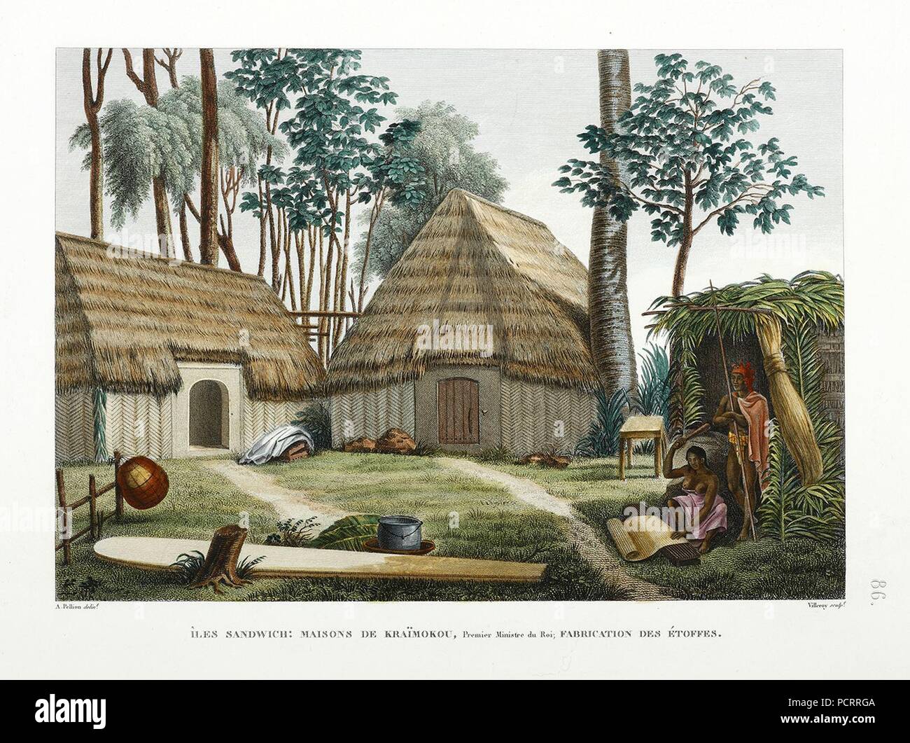 Alphonse Pellion, Îles Sandwich; Maisons de Kraïmokou, Premier Ministre du Roi; Herstellung des Étoffes (C. 1819). Stockfoto