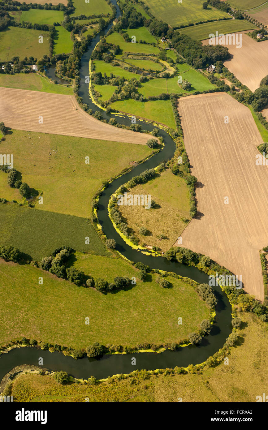 Luftaufnahme, Lippe, Lippemaeander, Wiesen, Felder, Lippeauen, Bergkamen, Ruhrgebiet, Nordrhein-Westfalen, Deutschland, Europa Stockfoto