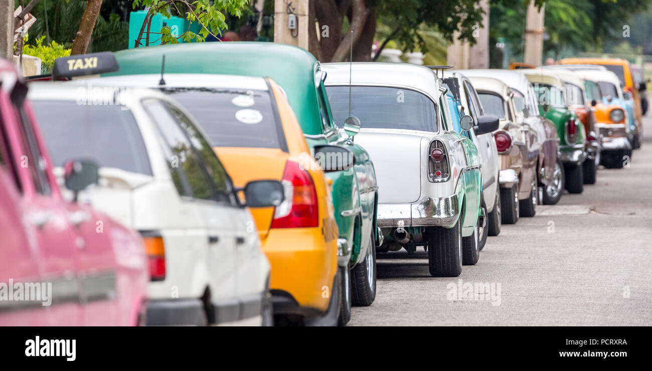Historische Wagen in der Straßenszene, Alte amerikanische Street Cruiser auf den Straßen von Havanna, Taxi, La Habana, Havanna, La Habana, Kuba, Kuba Stockfoto